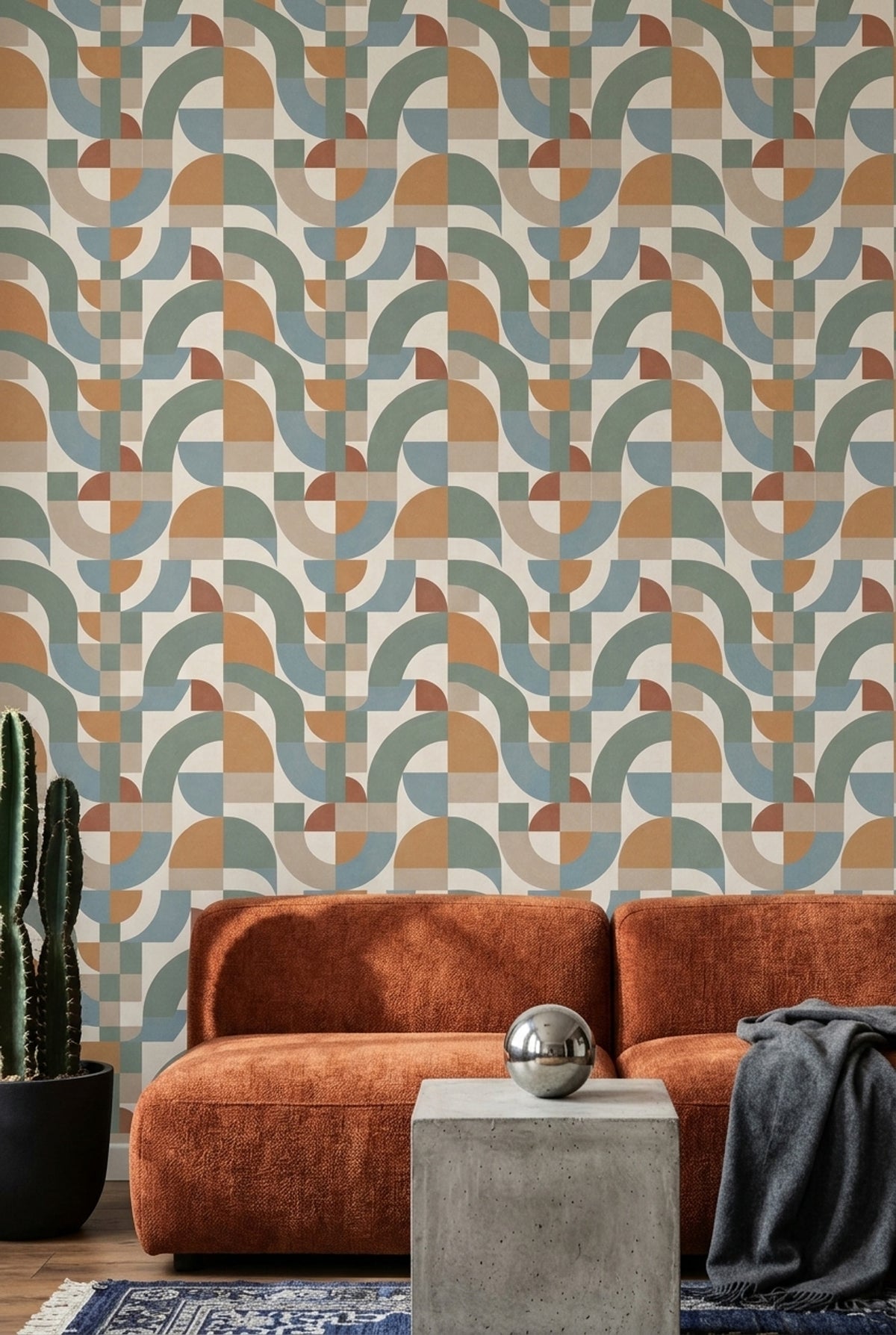 Geometrik Kemer Desenli Duvar Kağıdı Yeşil Bej Salon