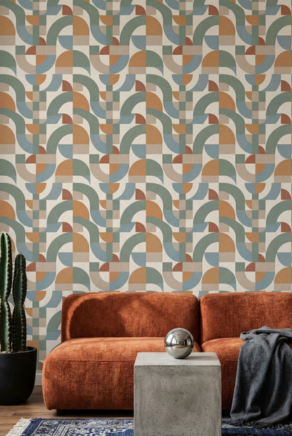 Geometrik Kemer Desenli Duvar Kağıdı Yeşil Bej Salon