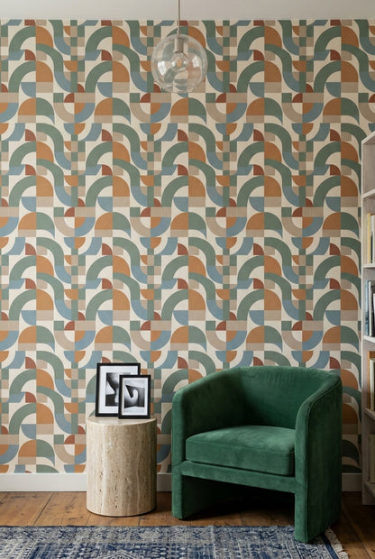 Geometrik Kemer Desenli Duvar Kağıdı Yeşil Bej Salon