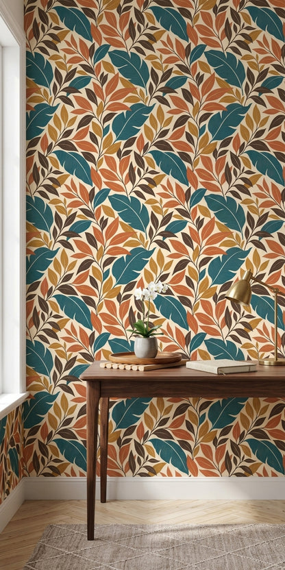 Yaprak Desenli Duvar Kağıdı Turkuaz Turuncu Modern Salon