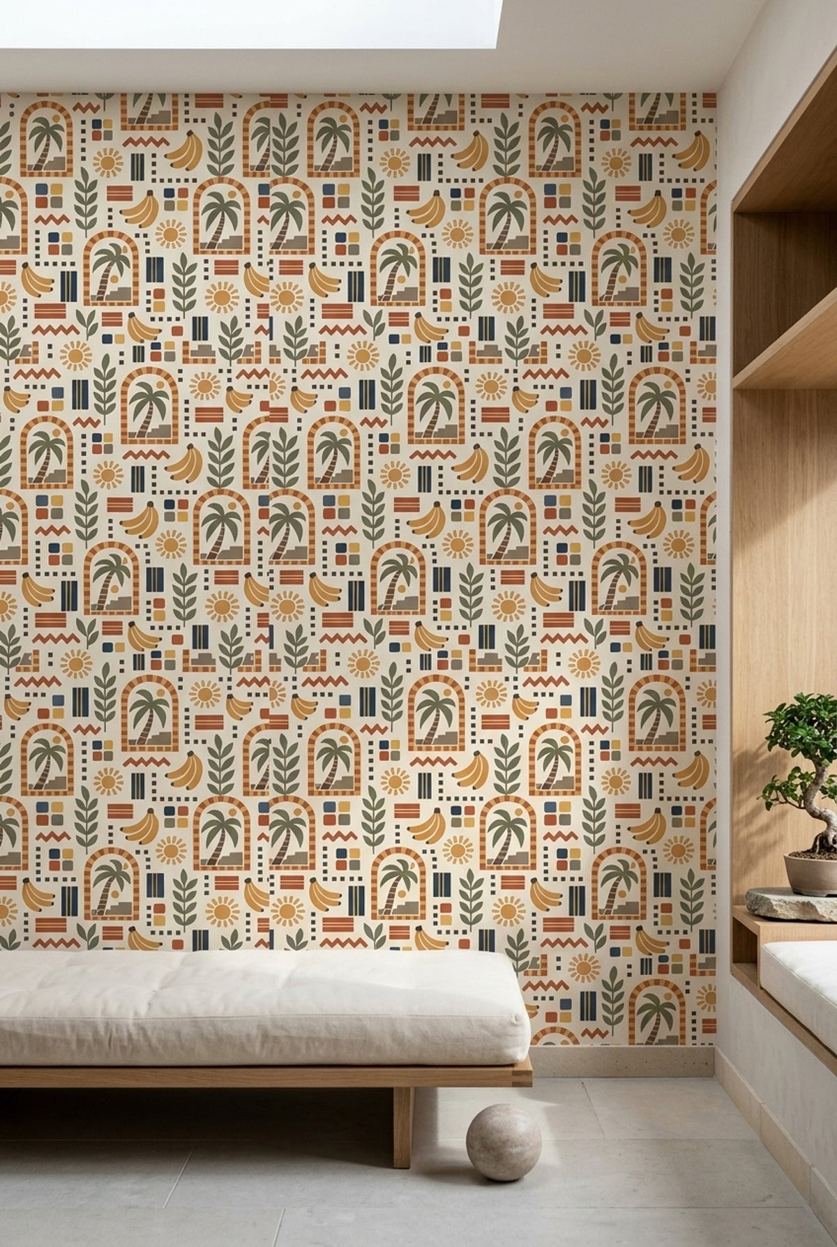 Muz ve Palmiye Desenli Duvar Kağıdı Retro Renkli Salon