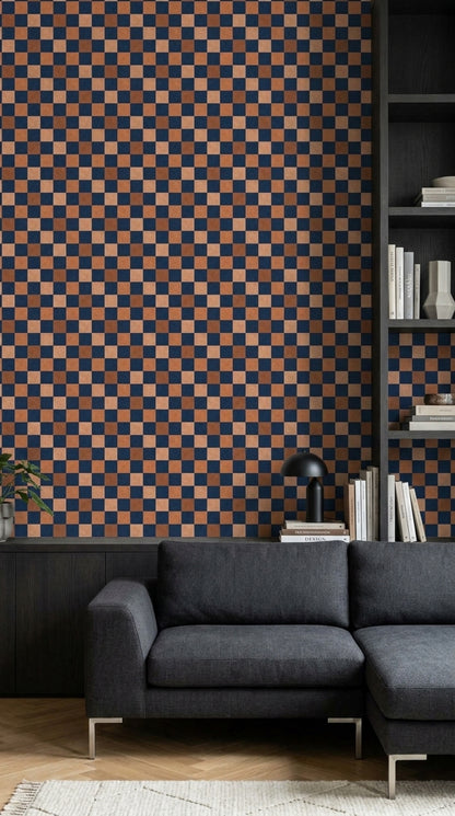 Lacivert Kiremit Kareli Duvar Kağıdı Retro Salon
