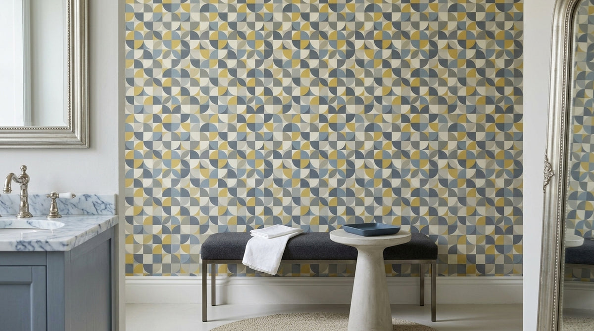 Geometrik Yarım Daire Desenli Duvar Kağıdı Mavi Sarı Salon