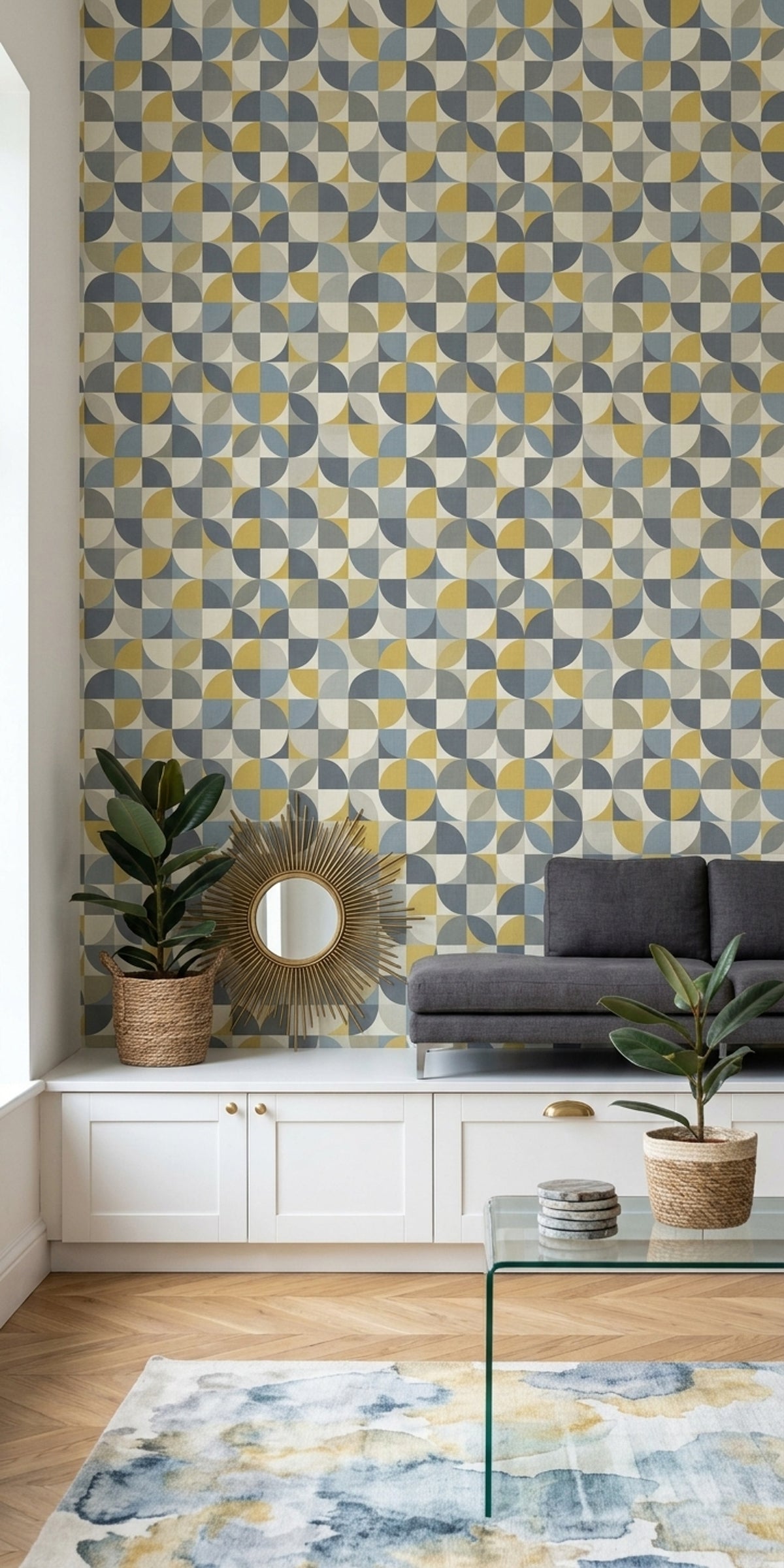 Geometrik Yarım Daire Desenli Duvar Kağıdı Mavi Sarı Salon