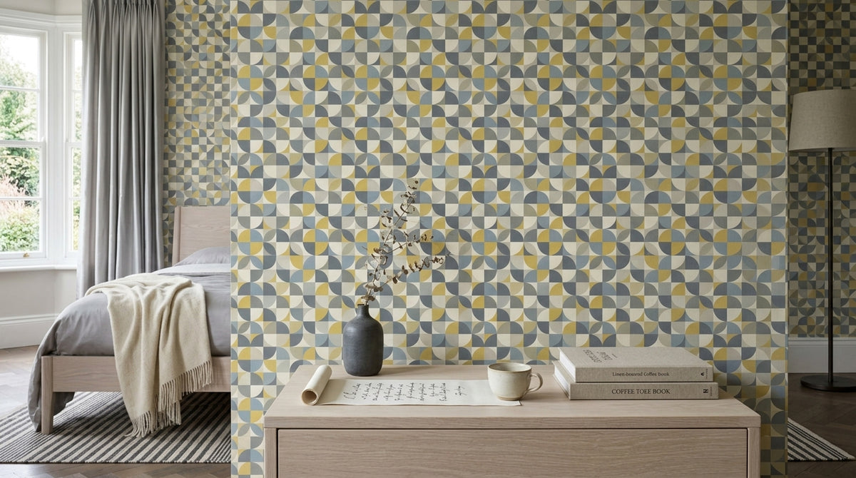 Geometrik Yarım Daire Desenli Duvar Kağıdı Mavi Sarı Salon