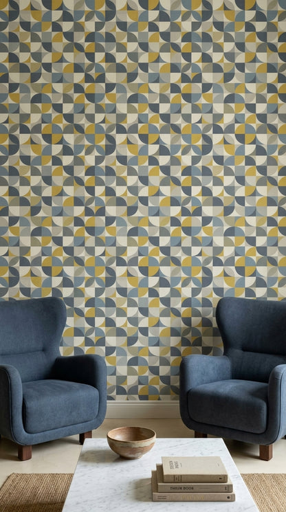 Geometrik Yarım Daire Desenli Duvar Kağıdı Mavi Sarı Salon