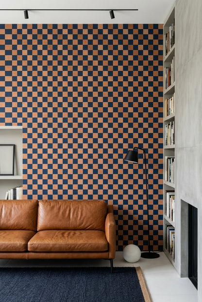 Lacivert Kiremit Kareli Duvar Kağıdı Retro Salon