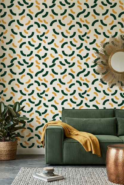 Geometrik Yay Desenli Duvar Kağıdı Yeşil Sarı Salon