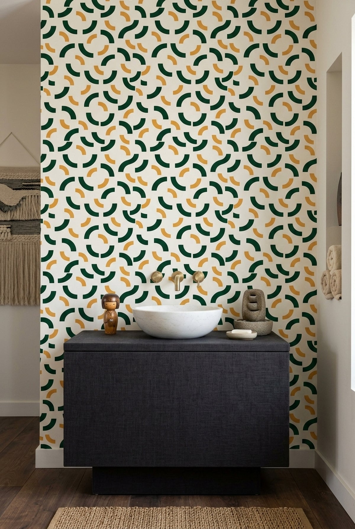 Geometrik Yay Desenli Duvar Kağıdı Yeşil Sarı Salon