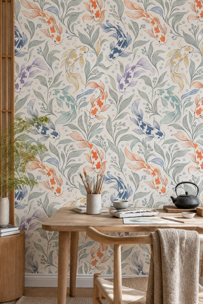 Japon Balıklı Duvar Kağıdı Mavi Turuncu Desenli