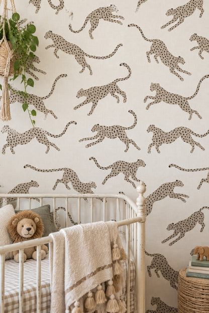 Leopar Desenli Duvar Kağıdı Bej Safari Çocuk Odası