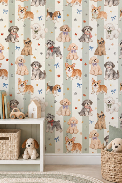 Sevimli Köpek Desenli Duvar Kağıdı Yeşil Çizgili Çocuk Odası