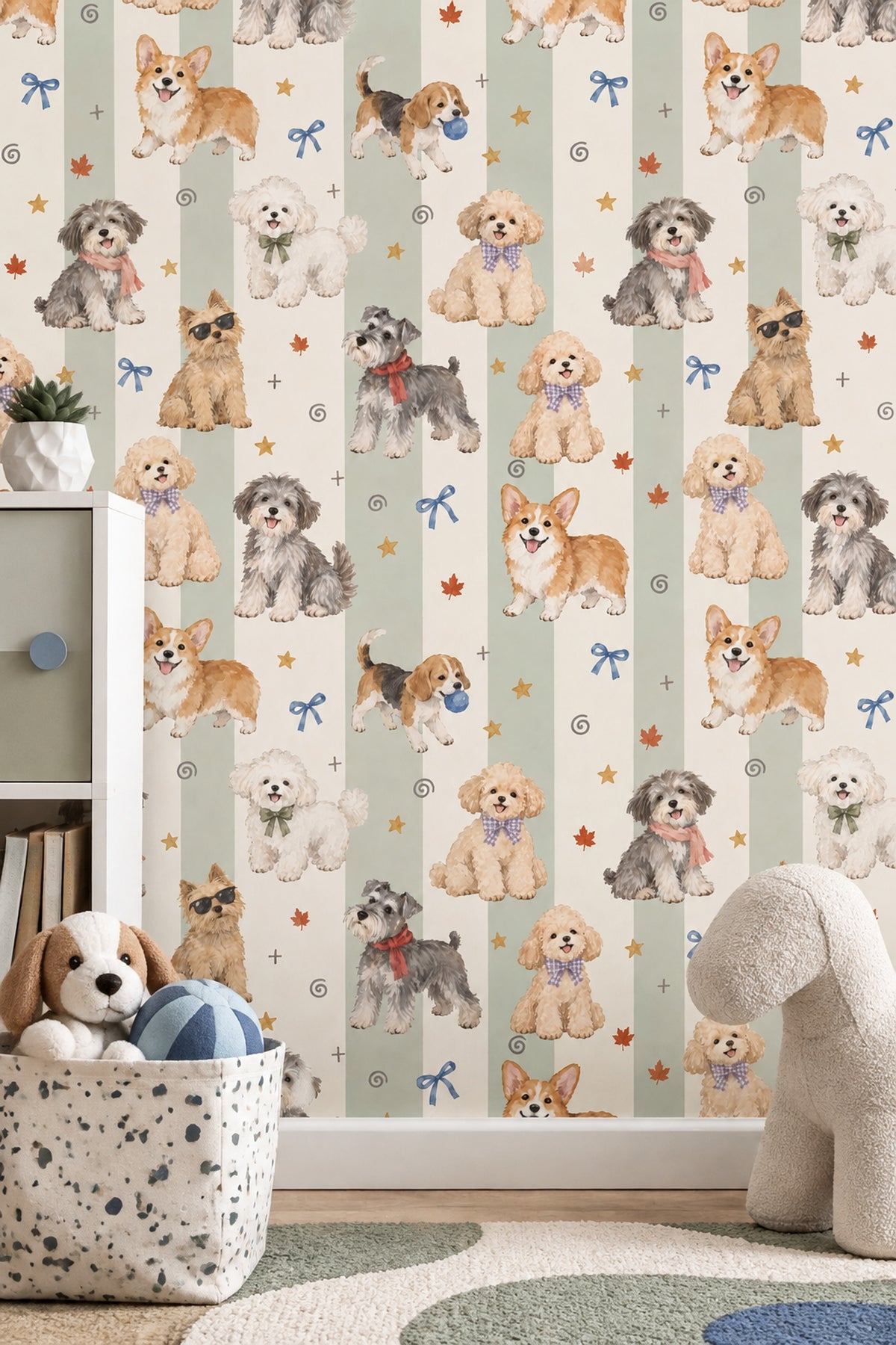 Sevimli Köpek Desenli Duvar Kağıdı Yeşil Çizgili Çocuk Odası