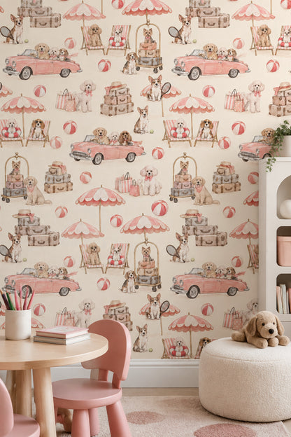 Köpek Desenli Duvar Kağıdı Pembe Vintage Çocuk Odası