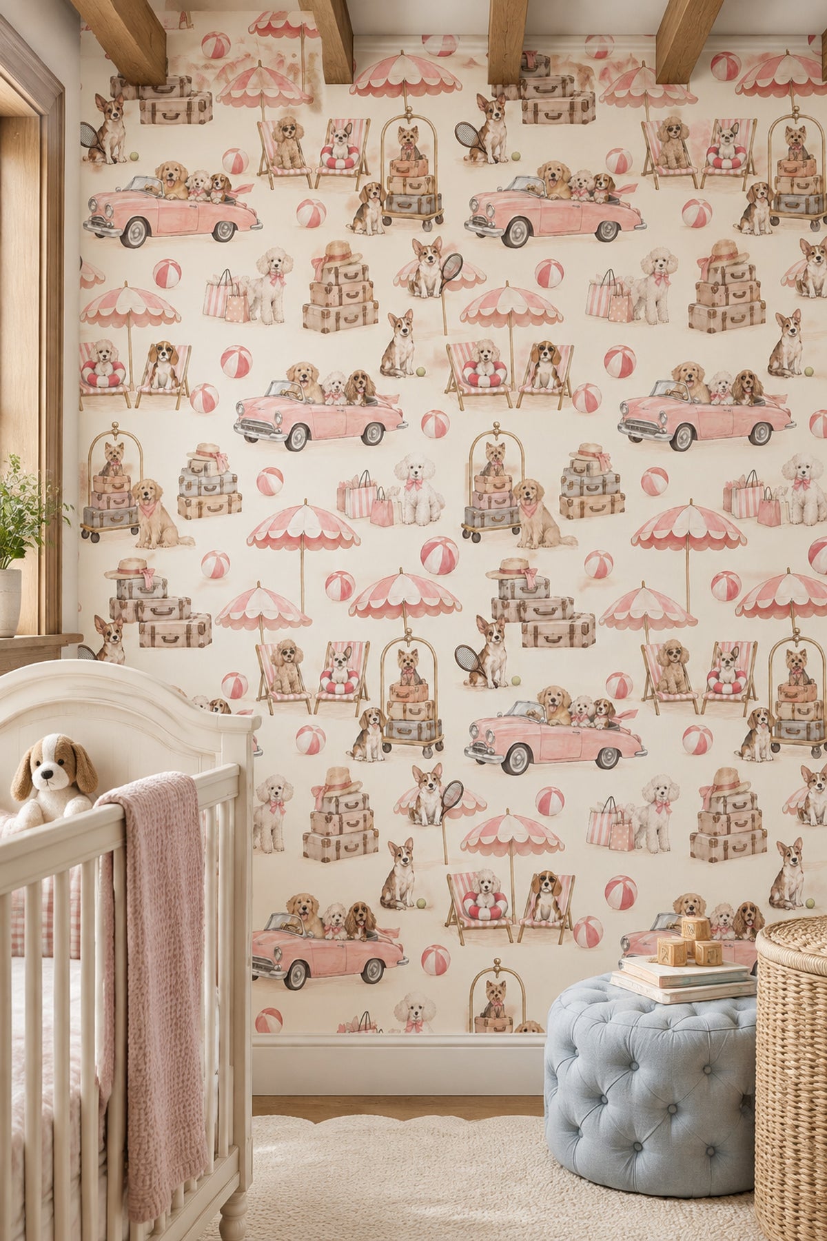 Köpek Desenli Duvar Kağıdı Pembe Vintage Çocuk Odası