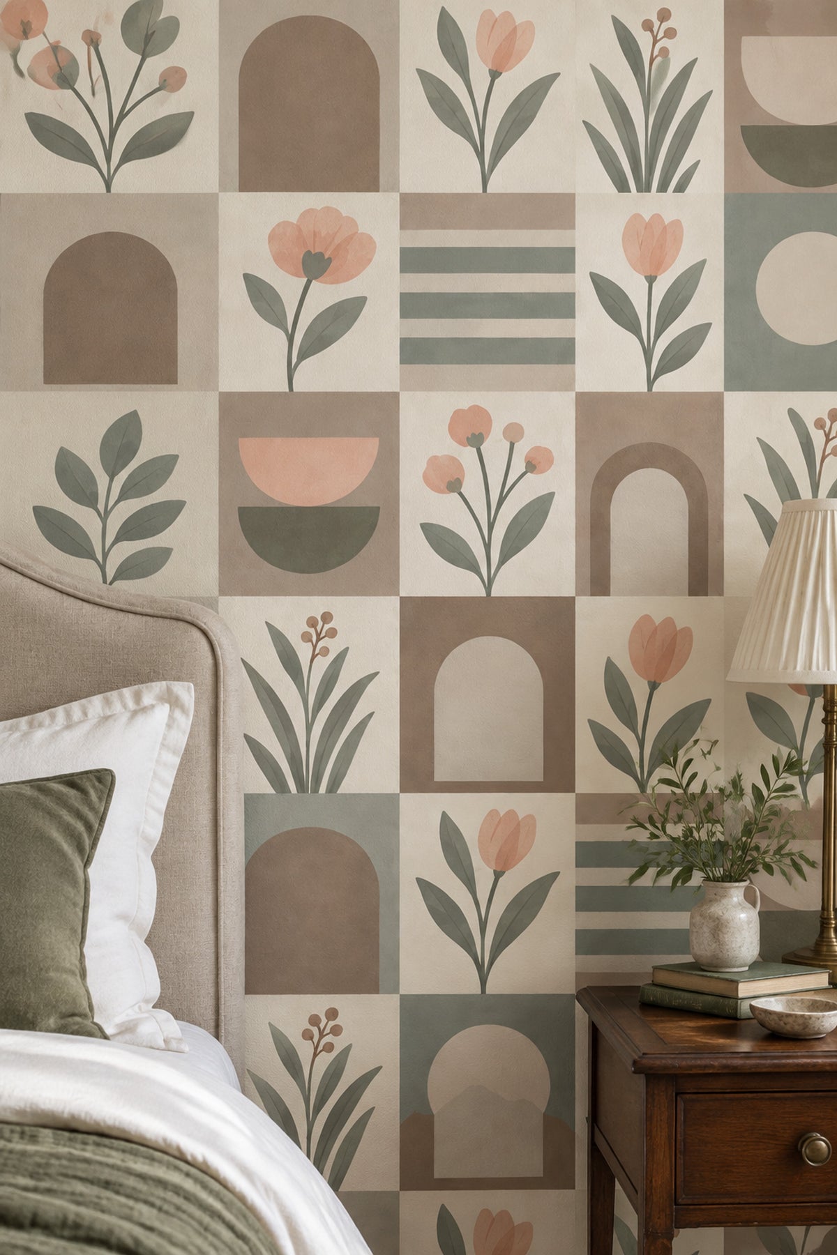 Geometrik Çiçek Desenli Duvar Kağıdı Pastel Yeşil Banyo