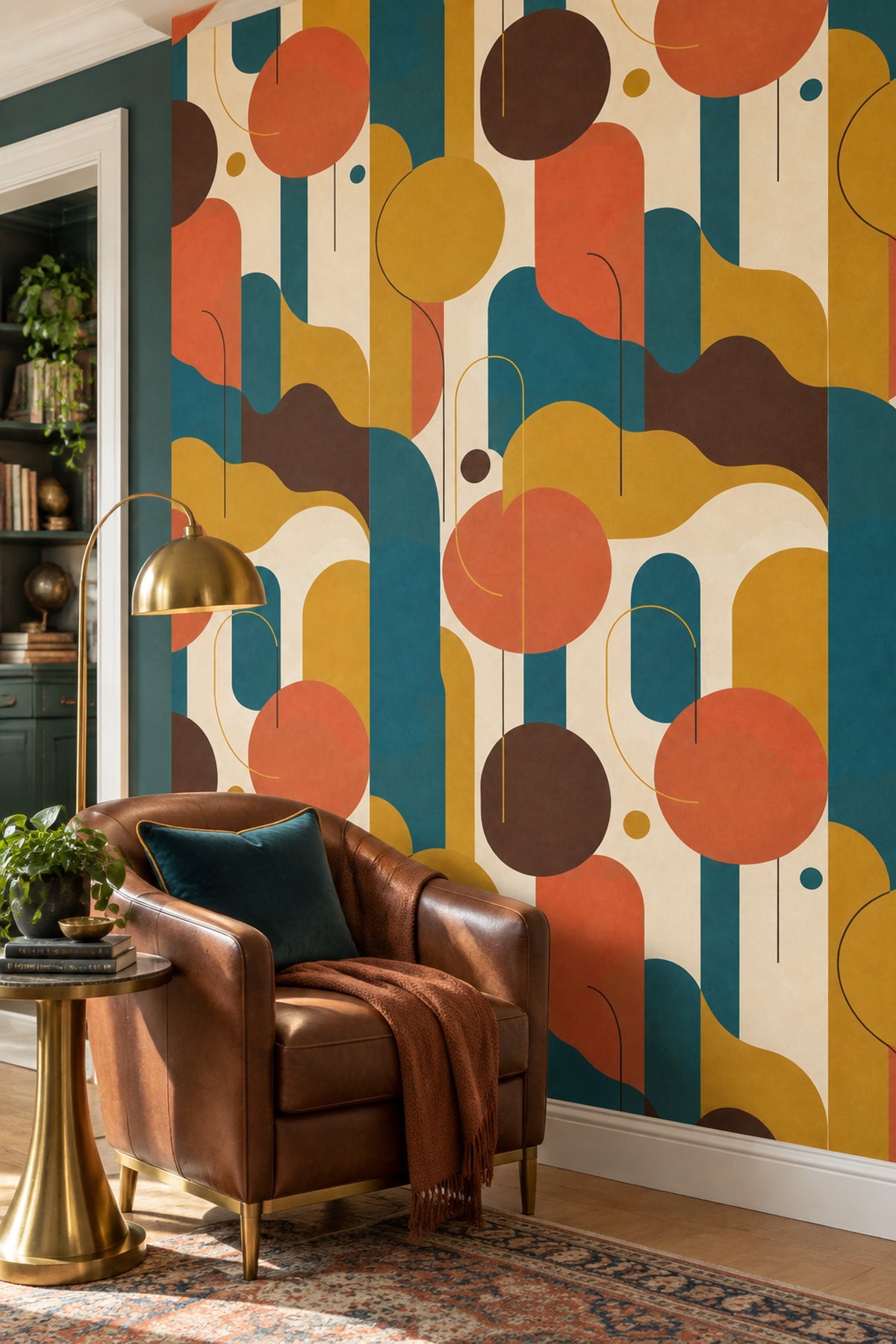 Geometrik Desenli Duvar Kağıdı Turuncu Sarı Modern Salon
