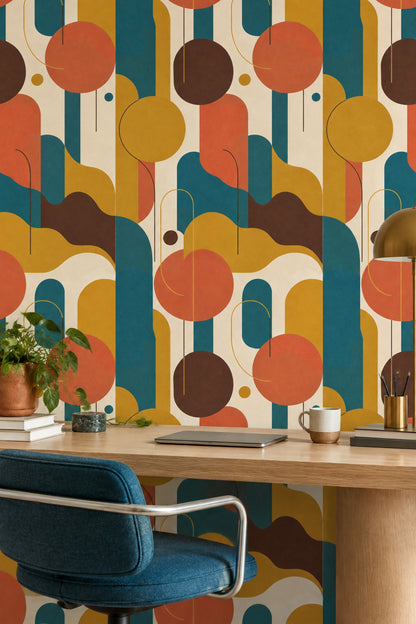Geometrik Desenli Duvar Kağıdı Turuncu Sarı Modern Salon