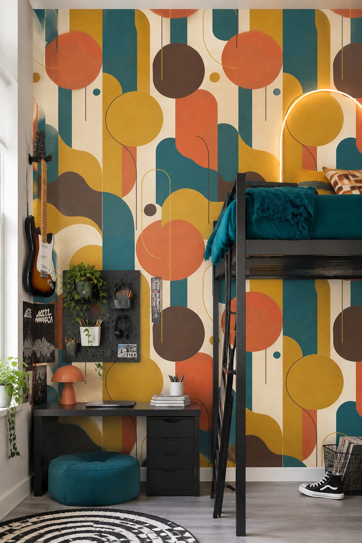 Geometrik Desenli Duvar Kağıdı Turuncu Sarı Modern Salon