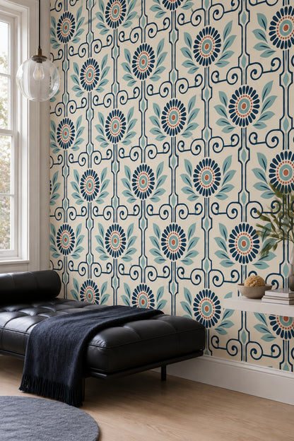 Retro Geometrik Çiçek Desenli Duvar Kağıdı Mavi Bej Salon