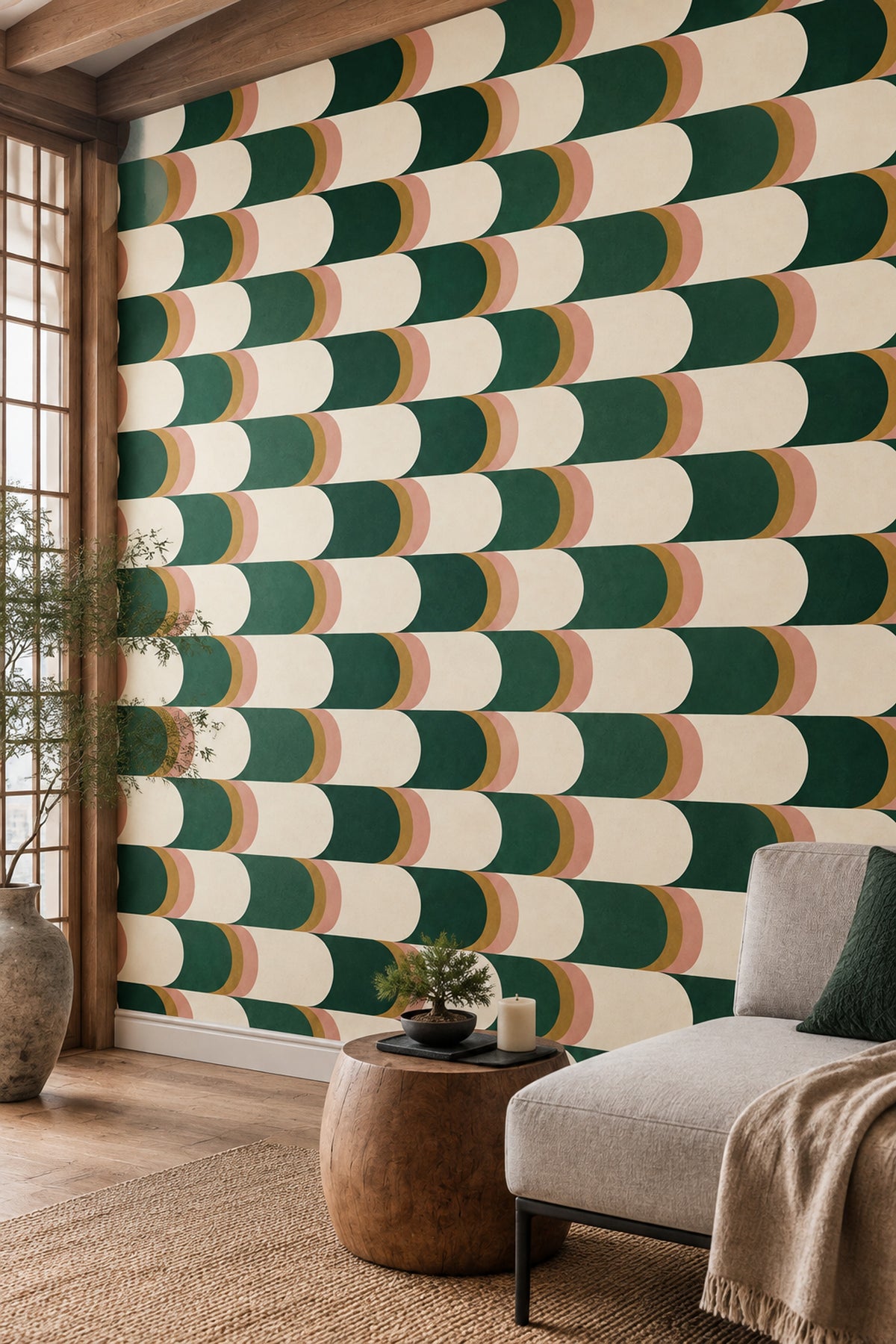 Geometrik Yarım Daire Duvar Kağıdı Yeşil Krem Salon