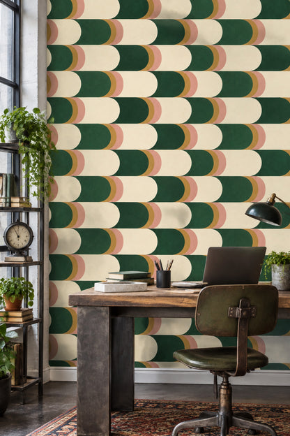 Geometrik Yarım Daire Duvar Kağıdı Yeşil Krem Salon