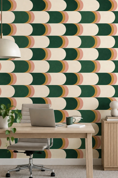 Geometrik Yarım Daire Duvar Kağıdı Yeşil Krem Salon