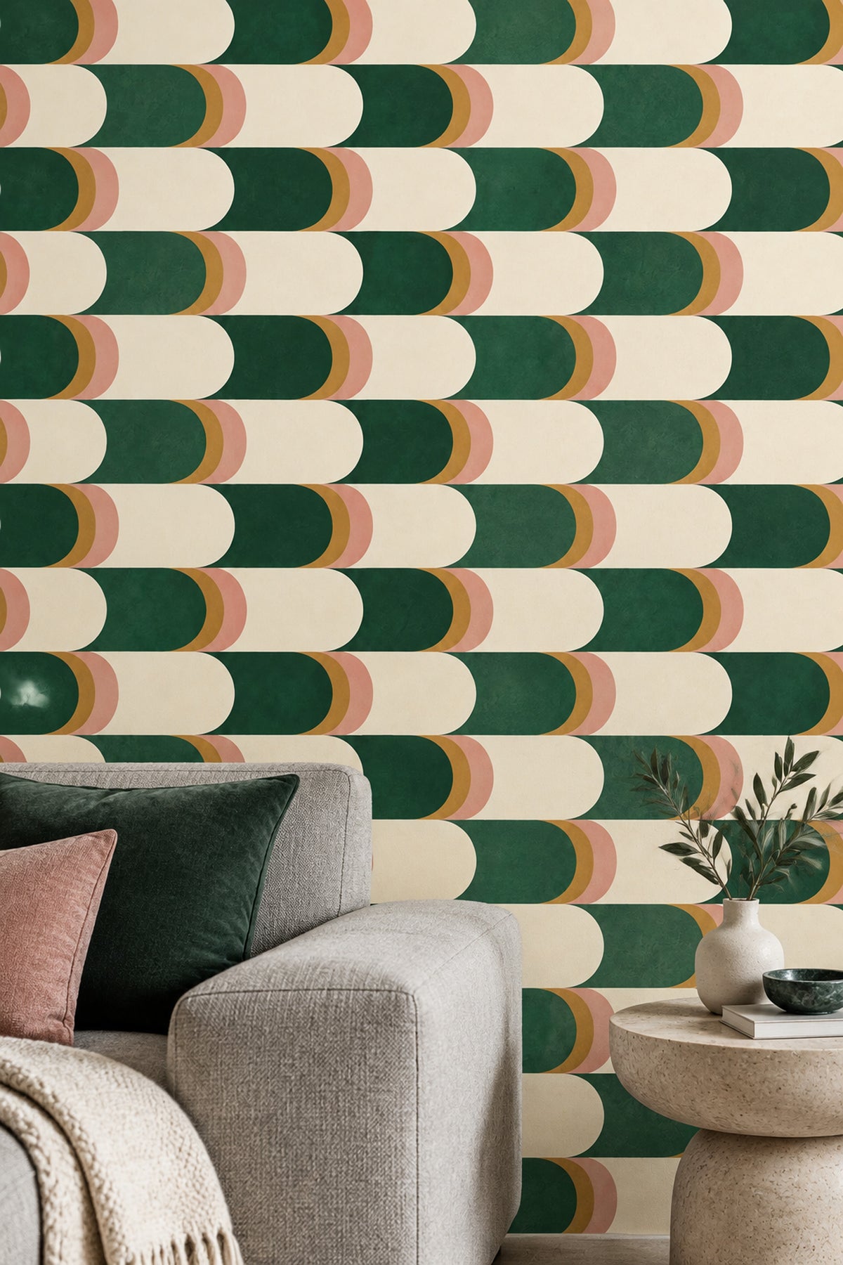 Geometrik Yarım Daire Duvar Kağıdı Yeşil Krem Salon