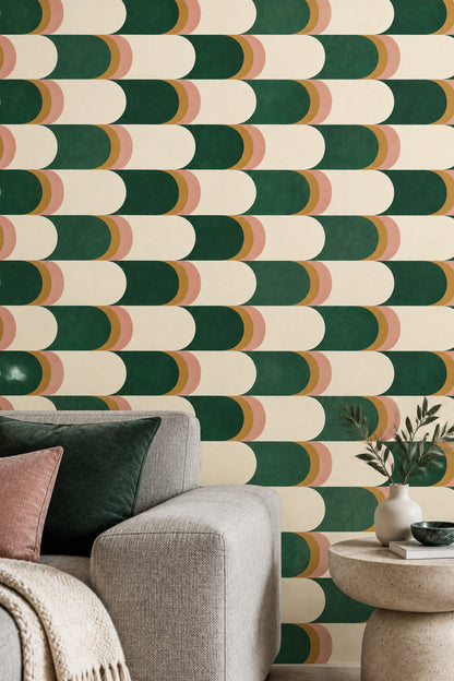 Geometrik Yarım Daire Duvar Kağıdı Yeşil Krem Salon