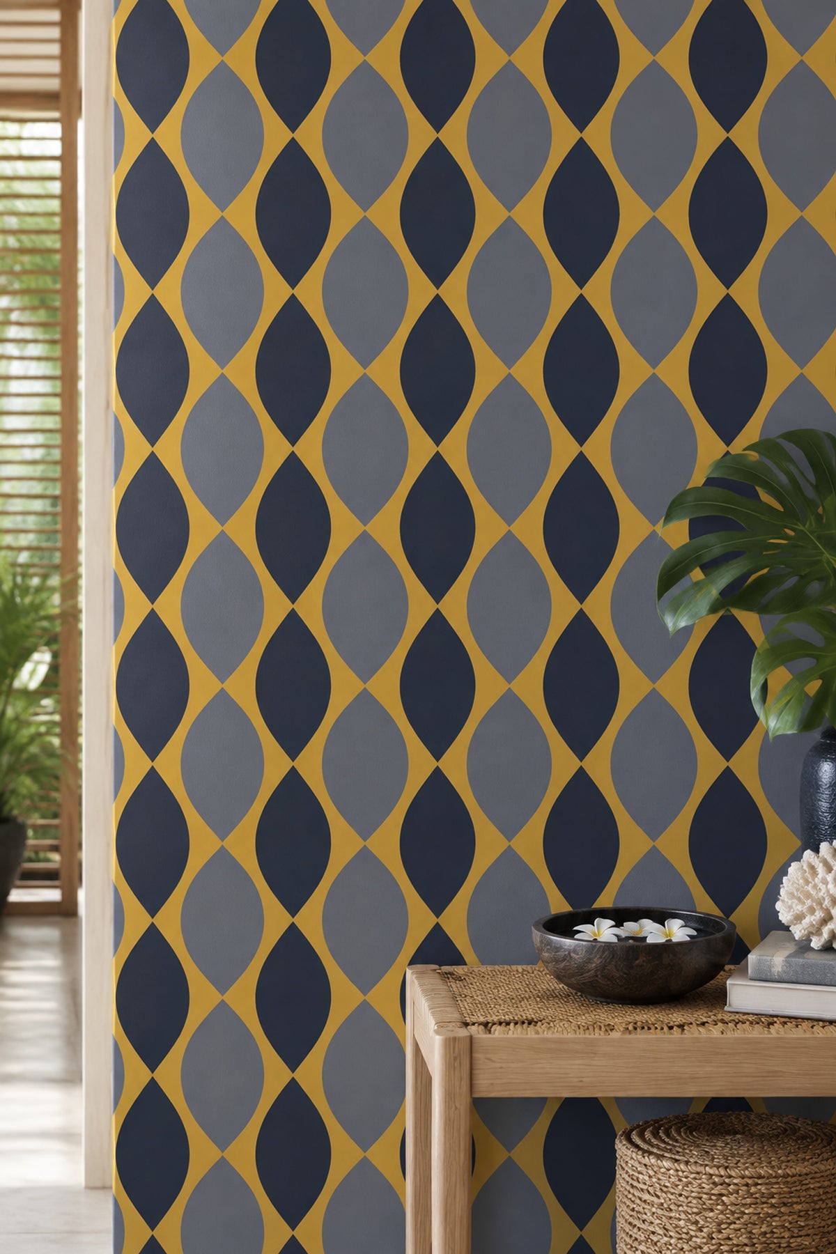 Geometrik Desenli Duvar Kağıdı Lacivert Sarı Salon Duvarı