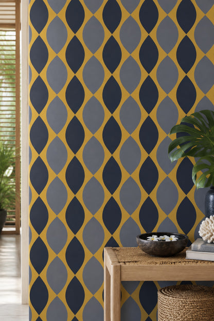 Geometrik Desenli Duvar Kağıdı Lacivert Sarı Salon Duvarı