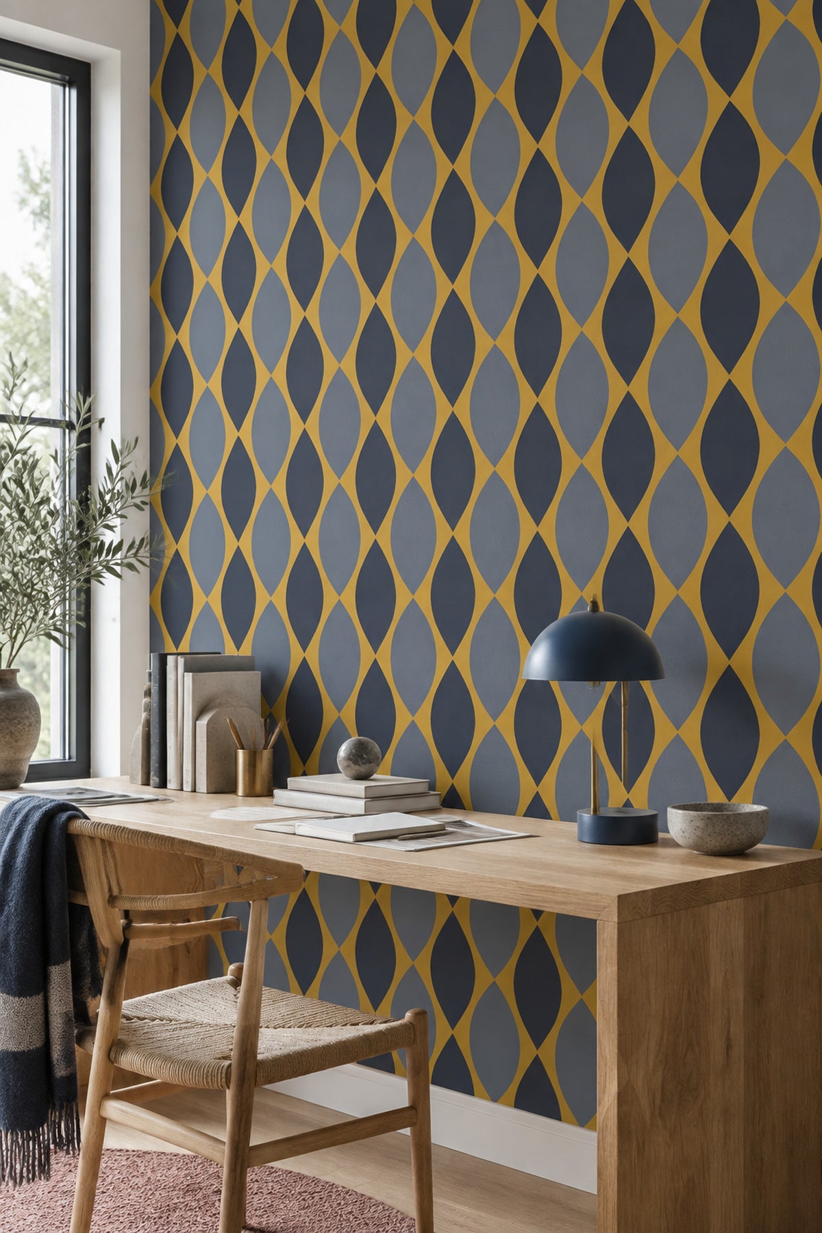 Geometrik Desenli Duvar Kağıdı Lacivert Sarı Salon Duvarı