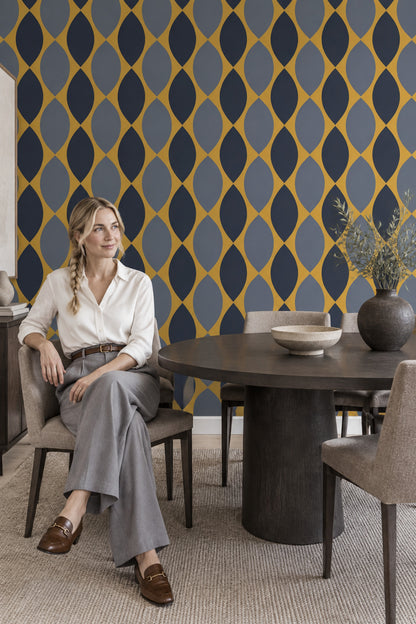 Geometrik Desenli Duvar Kağıdı Lacivert Sarı Salon Duvarı
