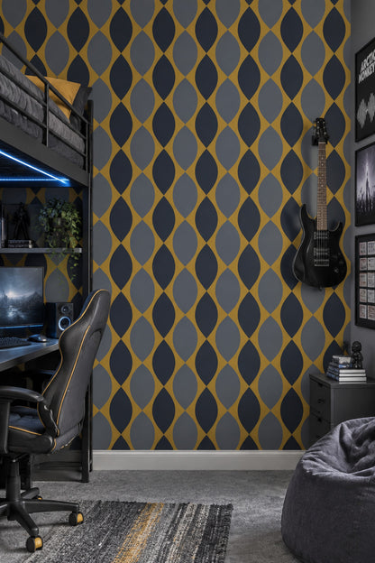 Geometrik Desenli Duvar Kağıdı Lacivert Sarı Salon Duvarı