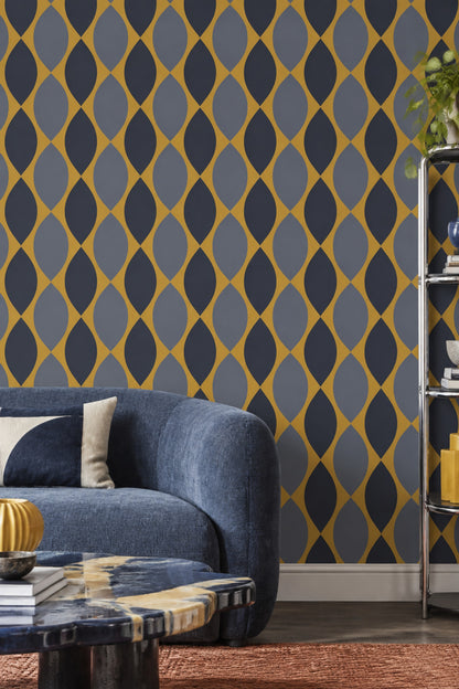 Geometrik Desenli Duvar Kağıdı Lacivert Sarı Salon Duvarı