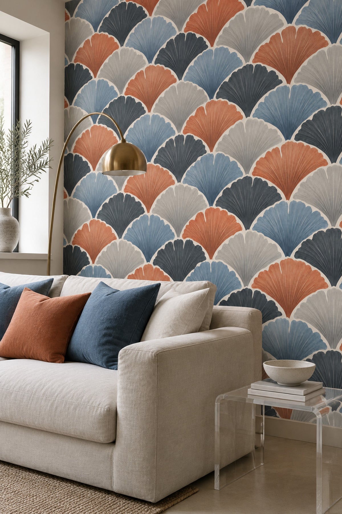 Art Deco Yelpaze Desenli Duvar Kağıdı Lacivert Kiremit Salon
