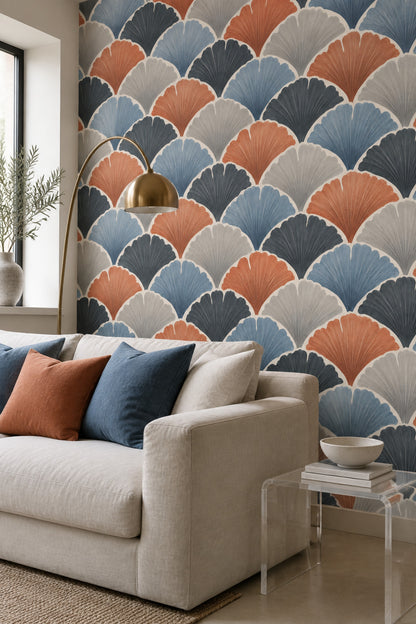 Art Deco Yelpaze Desenli Duvar Kağıdı Lacivert Kiremit Salon
