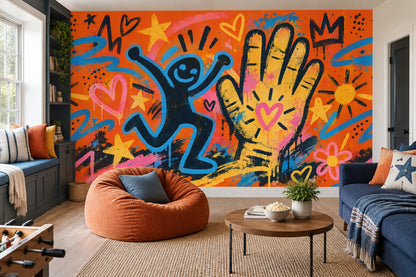 Graffiti Figürlü Poster Duvar Kağıdı Turuncu Sarı Genç Odası