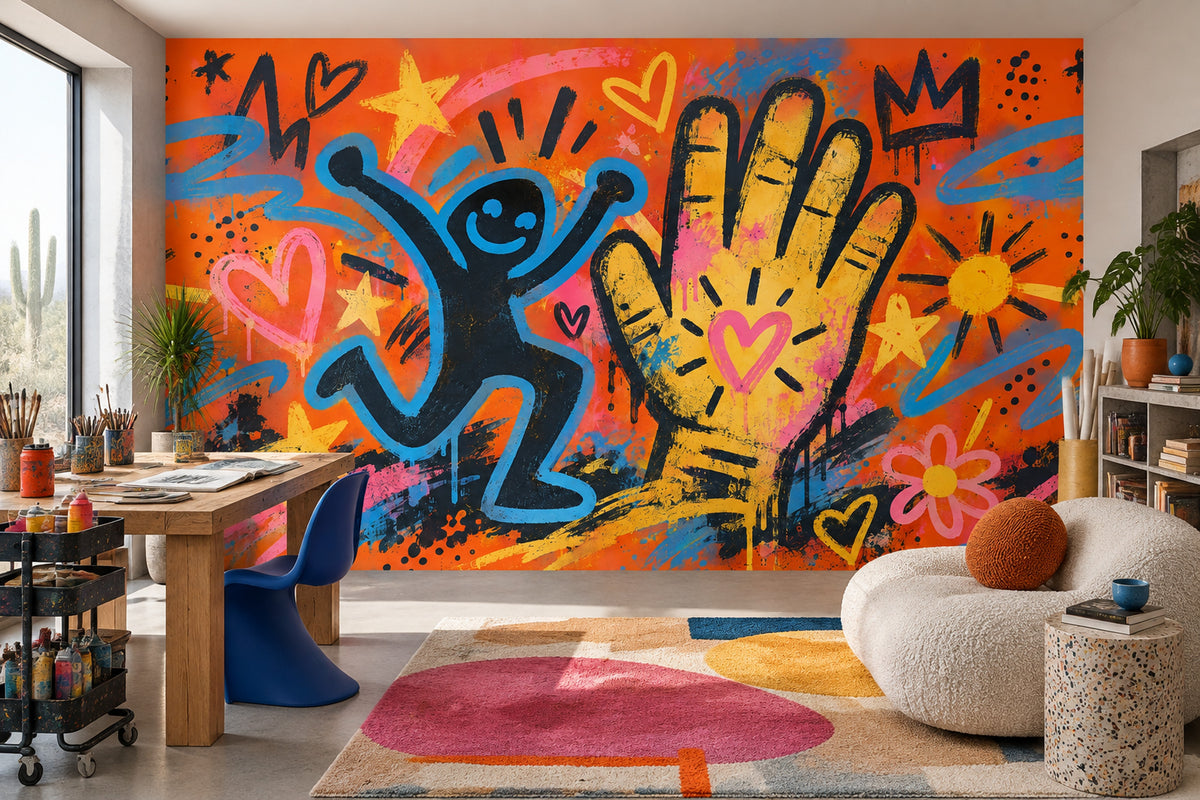 Graffiti Figürlü Poster Duvar Kağıdı Turuncu Sarı Genç Odası
