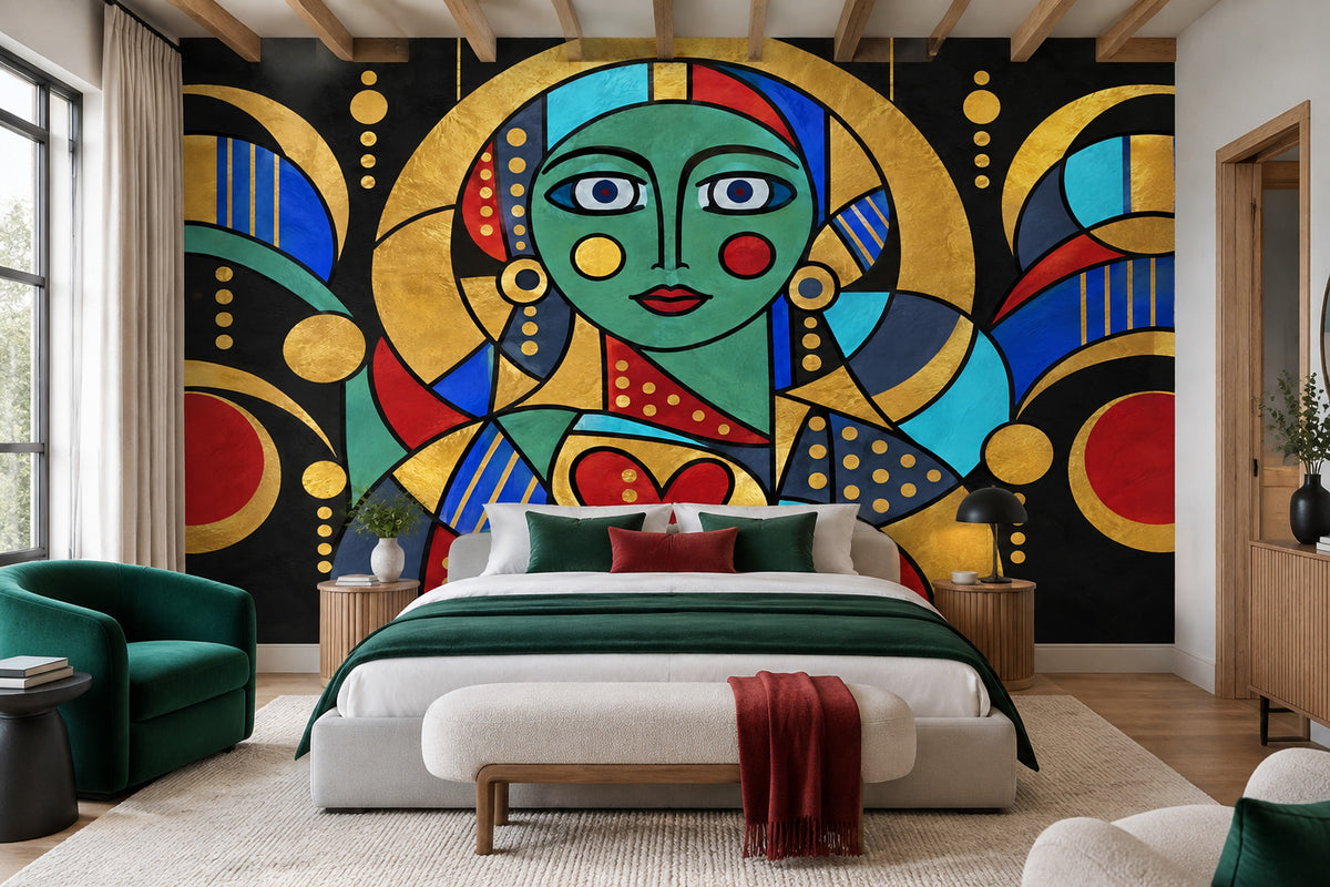 Geometrik Portre Poster Duvar Kağıdı Altın Siyah Yatak Odası