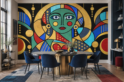 Geometrik Portre Poster Duvar Kağıdı Altın Siyah Yatak Odası
