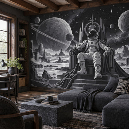 Astronot ve Gezegenli Poster Duvar Kağıdı Siyah Uzay Genç Odası