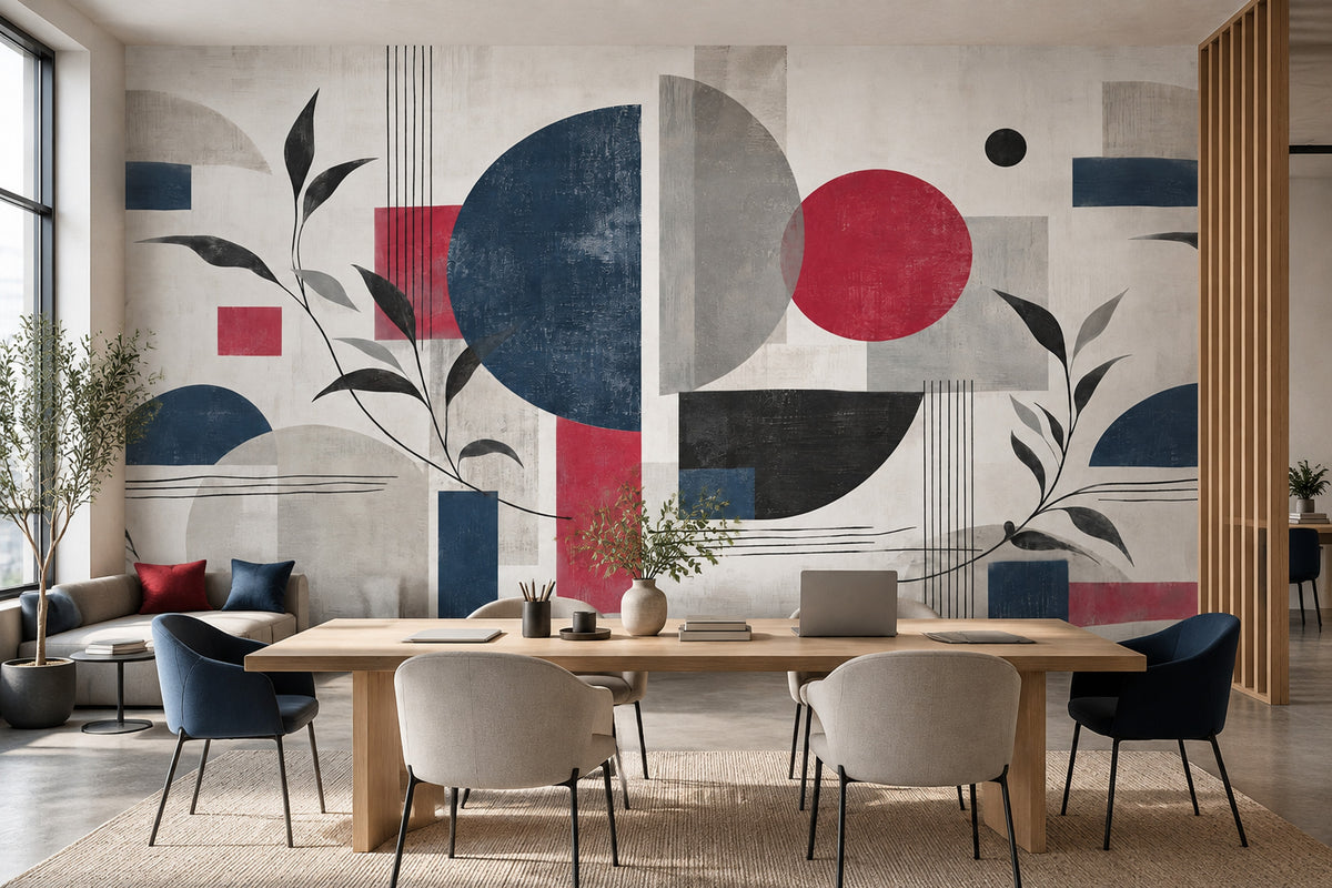 Soyut Geometrik Poster Duvar Kağıdı Lacivert Kırmızı Salon Dekoru