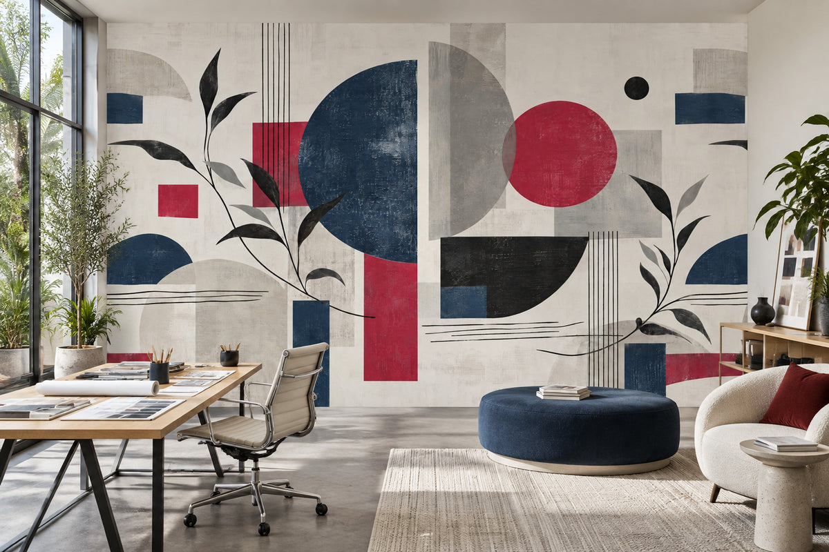 Soyut Geometrik Poster Duvar Kağıdı Lacivert Kırmızı Salon Dekoru