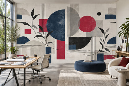 Soyut Geometrik Poster Duvar Kağıdı Lacivert Kırmızı Salon Dekoru
