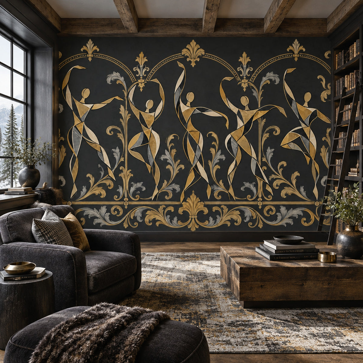 Art Deco Dans Figürlü Poster Duvar Kağıdı Siyah Altın Salon