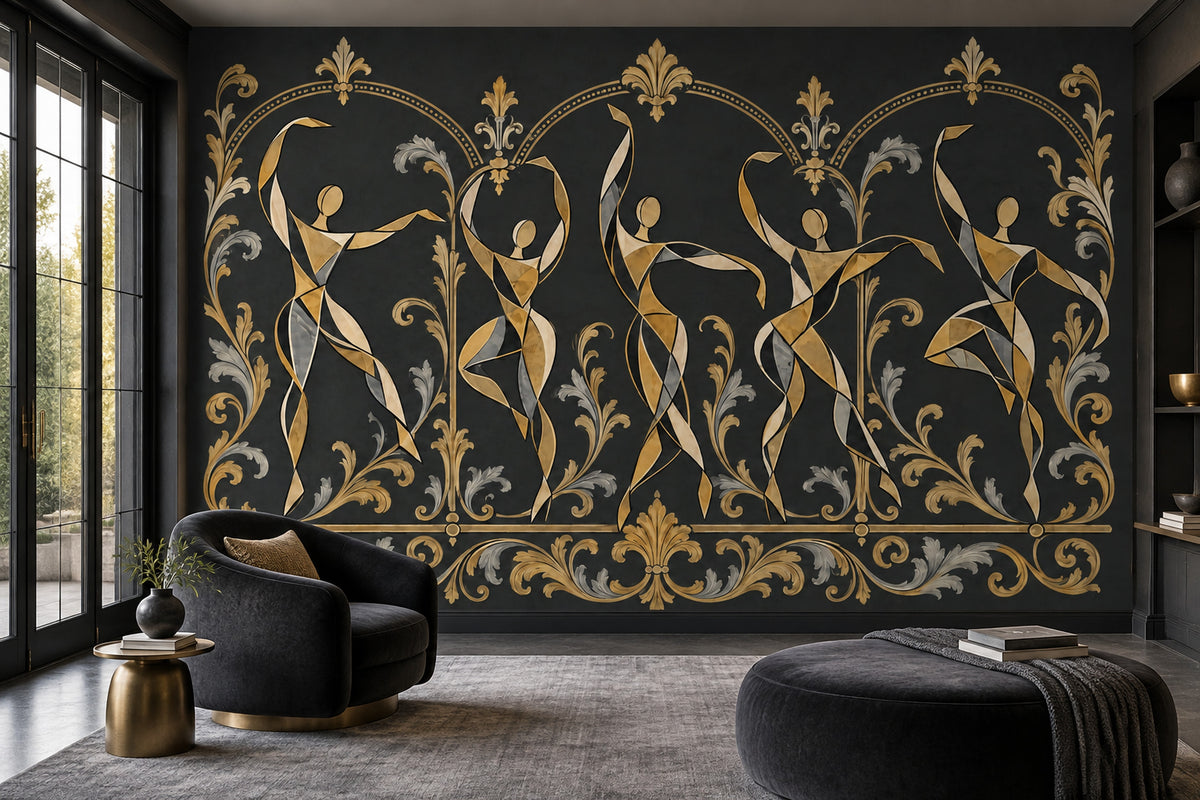 Art Deco Dans Figürlü Poster Duvar Kağıdı Siyah Altın Salon