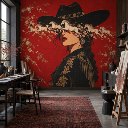 Kovboy Şapkalı Kadın Poster Duvar Kağıdı Kırmızı Salon