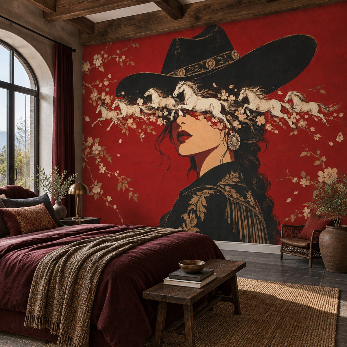 Kovboy Şapkalı Kadın Poster Duvar Kağıdı Kırmızı Salon
