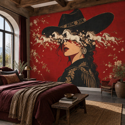 Kovboy Şapkalı Kadın Poster Duvar Kağıdı Kırmızı Salon